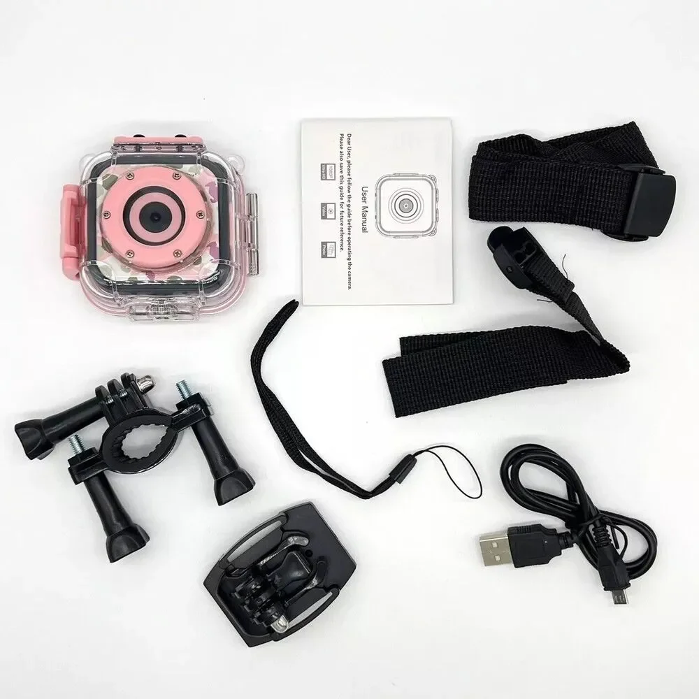 Kids Action Camera Pink w/Waterproof Hard Case & Mounting Accessories Underwater